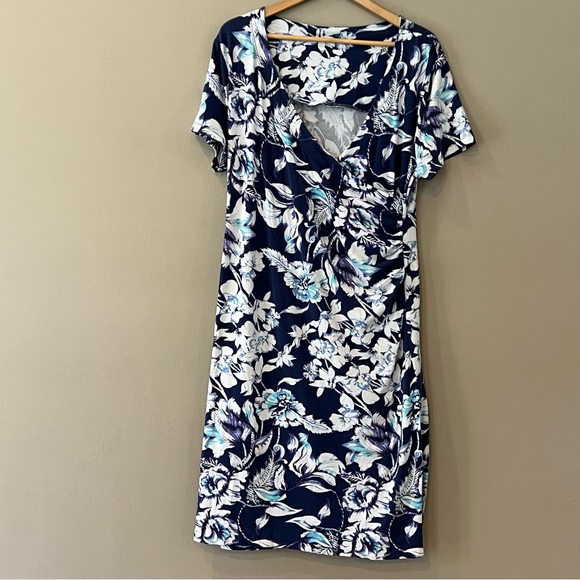 Soft Surroundings Faux Wrap Dress Jersey Knit XL Navy White Shapely Anywhere - Picture 2 of 15